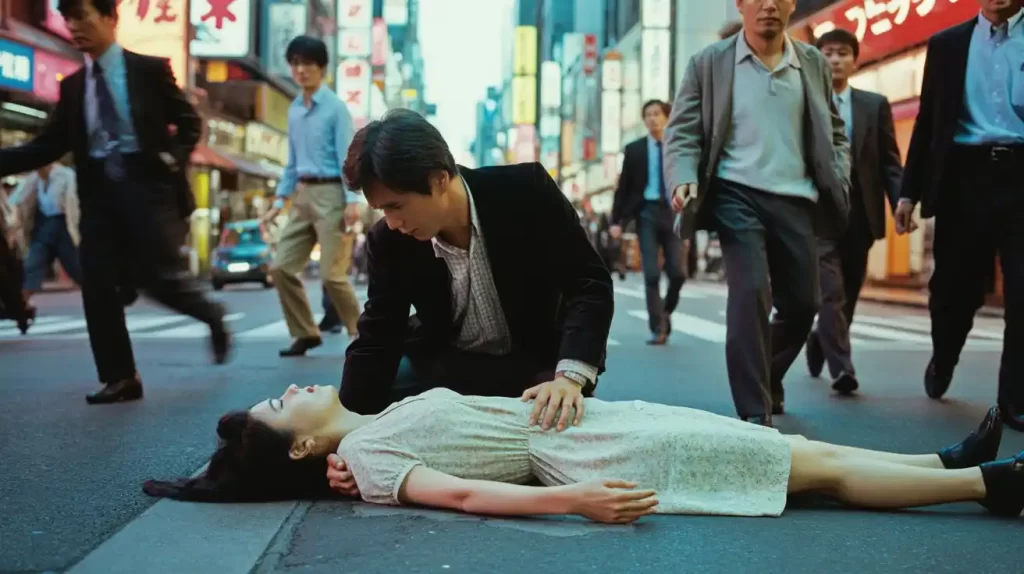a man looks concerned at a woman needing CPR